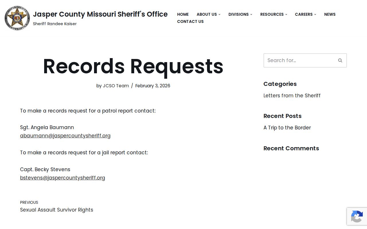 Jasper County Detention Center release record request contact
