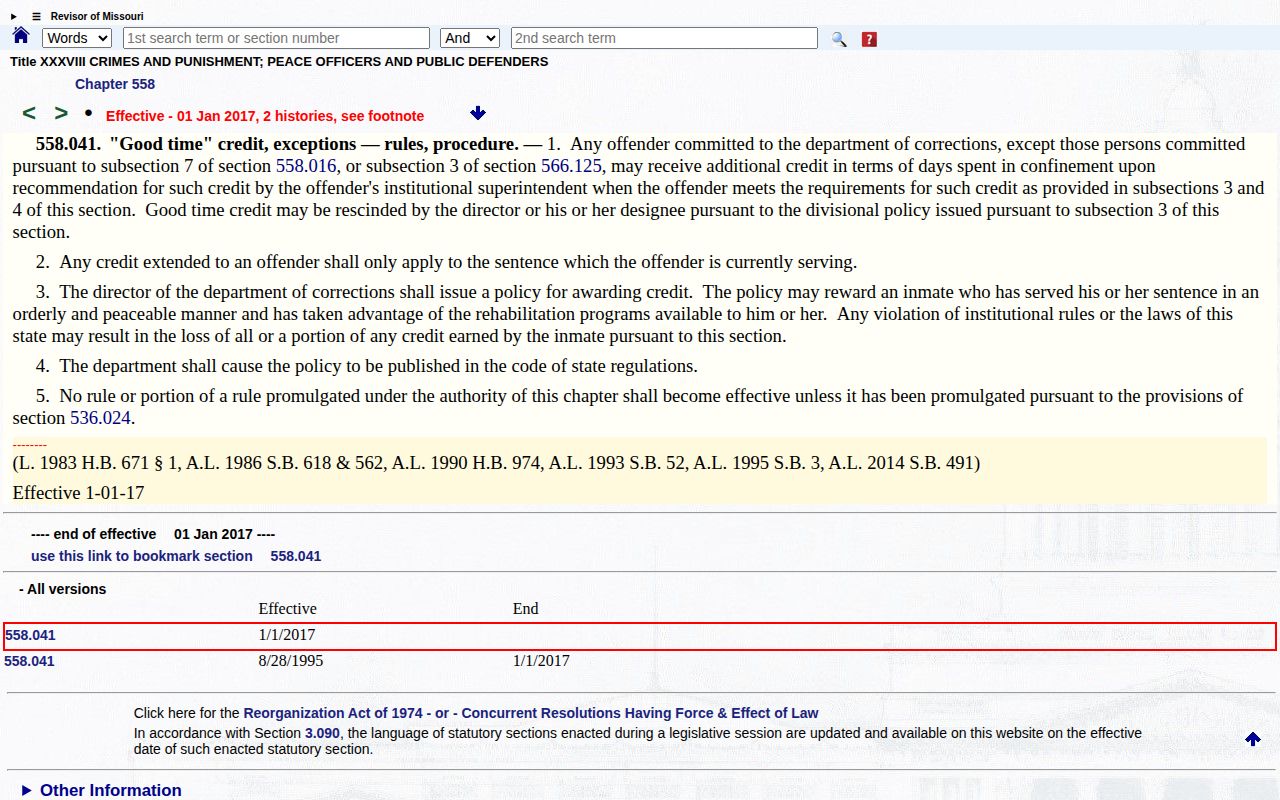 Missouri good-time statute for Jasper County release date records